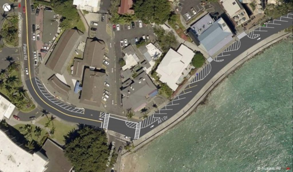 Ali‘i Drive one-way traffic flow plan. (Photo courtesy: Hawai‘i County)
