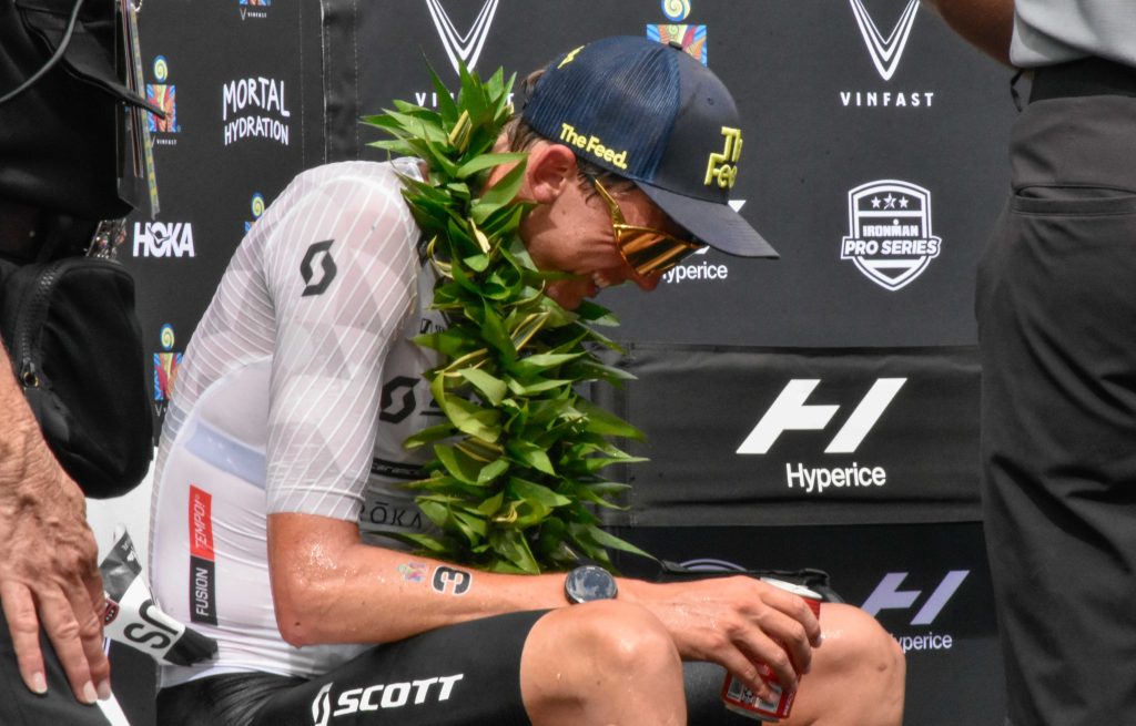 Magnus Ditlev of Denmark shows the agony of his all-out-effort in the run on Saturday to capture second-place in the 2024 Ironman World Championship in Kona. (Cammy Clark/Big Island Now)