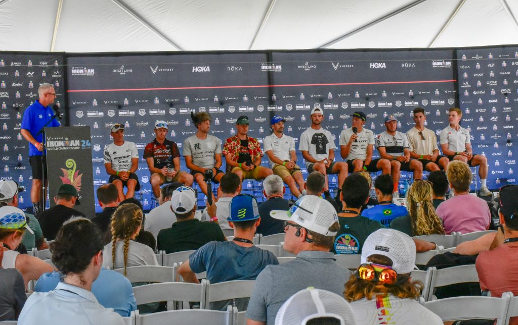 Ten of the top men pros competing in the Ironman World Championship in Kona on Saturday discuss strategy, past performances, challenges and even the "missing women" during a pre-race press conference. (Cammy Clark/Big Island Now)