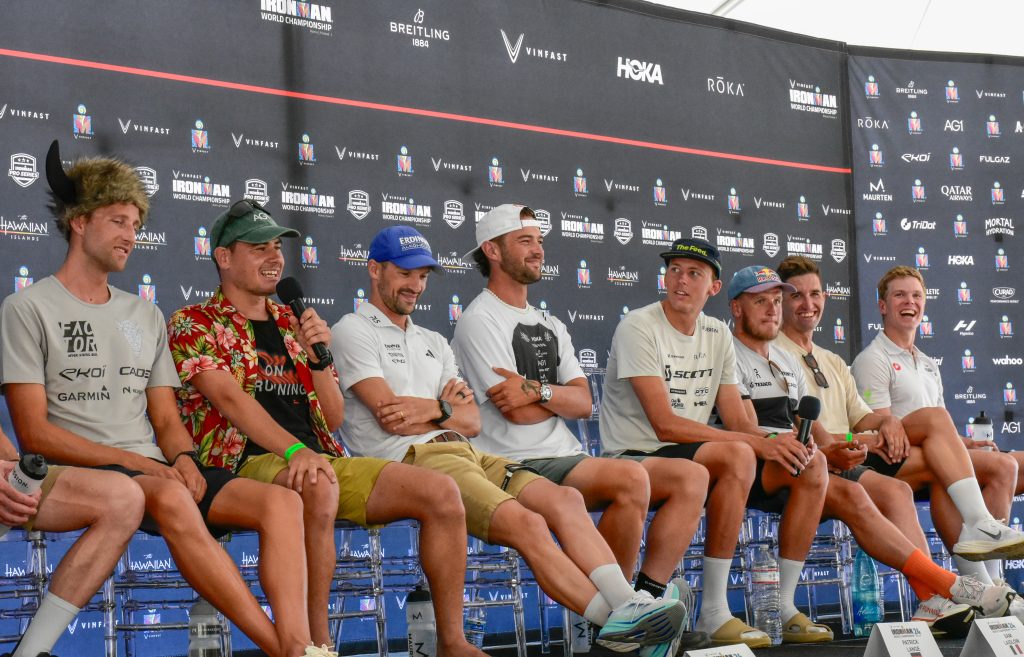 Dressed in an aloha shirt, Norway's Gustav Iden, the 2022 Ironman World Champion, explains how the only way he will win this year is due to his "talent" because he has not trained properly due to a variety of reasons. (Cammy Clark/Big Island Now)