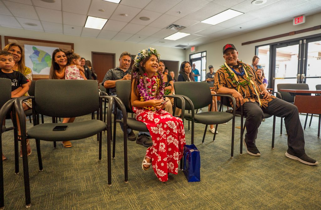Hawai‘i County Mayor Kimo Alameda sits with "Lilo & Stitch" star Maia Kealoha on Maia Kealoha Day on the Big Island on June 3, 2023. (Tiffany DeMasters/Big Island Now)