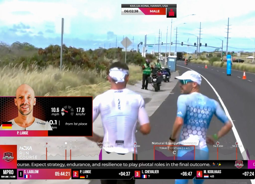 Patrick Lange of Germany (right) passes defending champion Sam Laidlow of France at about the 11-mile mark of the run at the 2024 Ironman World Championship in Kona. (Screenshot)