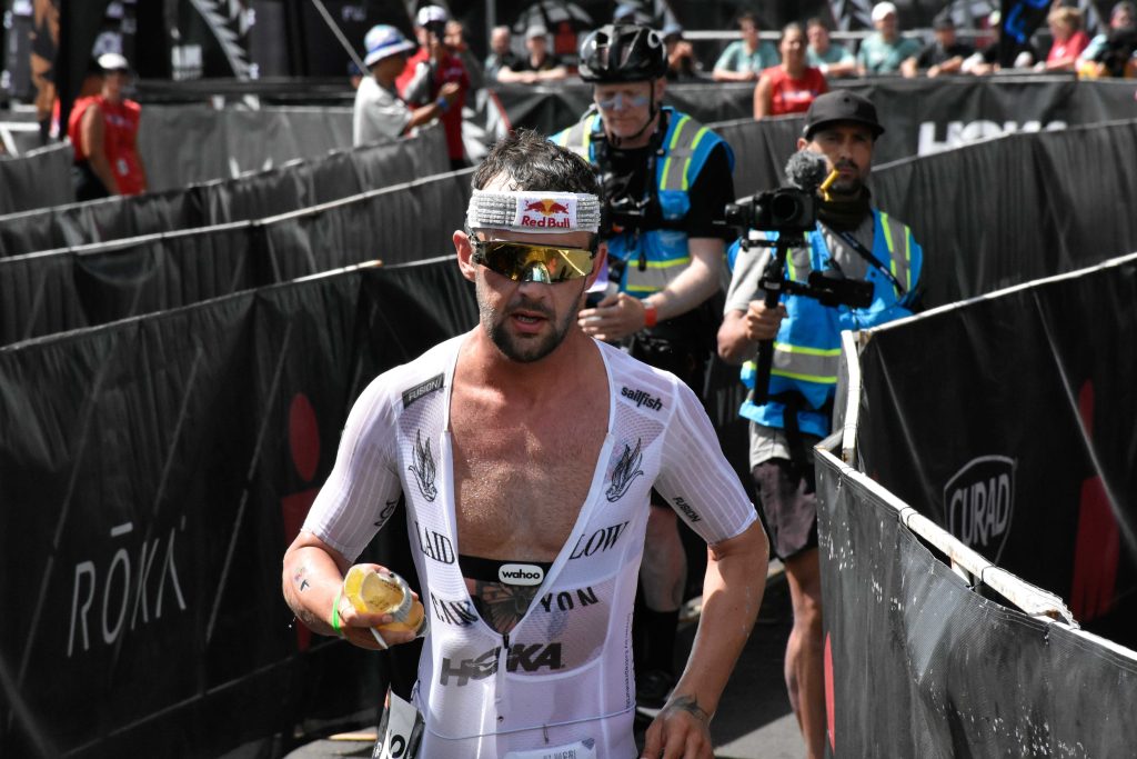 Defending champion Sam Laidlow of France starts the final run leg in first place in the Ironman World Championship in Kona after completing the 112-mile bike course in a record 3 hours, 57 minutes and 22 seconds. (Cammy Clark/Big Island Now)